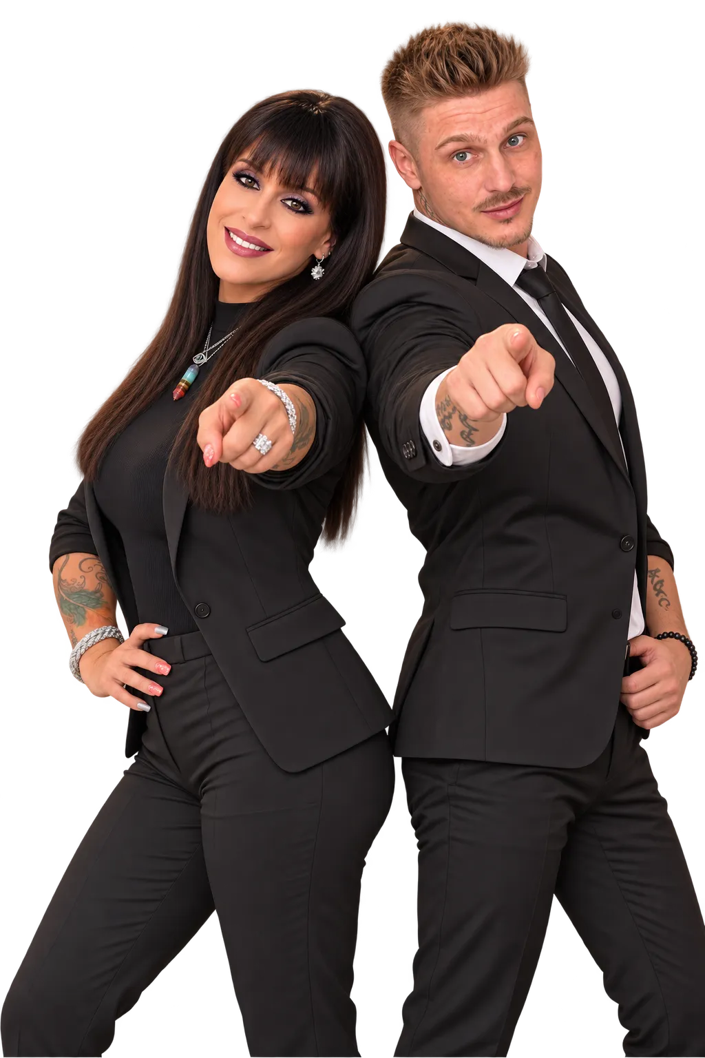 Georgie Walker and Andrej Kneisl back to back, pointing at the viewer